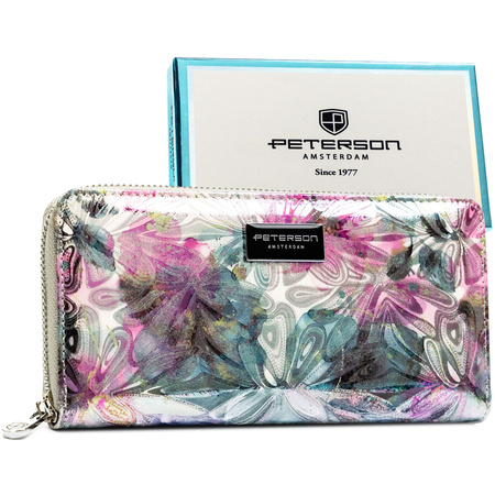 Damen-Geldbörse im Federmäppchen-Stil mit bunten Blumen, aus Natur- und Öko-Leder - Peterson