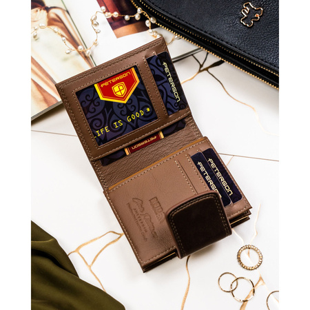 Braune Damen-Geldbörse aus Natur- und Öko-Leder, mit Druckknopf und Bügelverschluss – Peterson