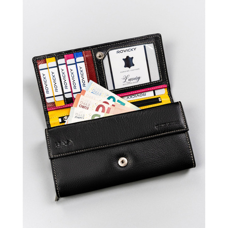 Große, schwarze Damen Geldbörse aus Leder mit Druckknopf – Rovicky