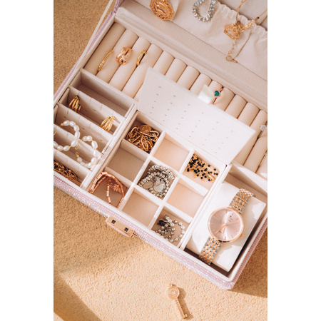 Rosafarbene Schmuckschatulle aus Leder mit speziellem Platz für eine Uhr – Peterson