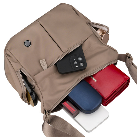 Beigefarbene Damen-Umhängetasche aus Polyester, an einem breiten Gürtel hängend, zweifächrig – Peterson
