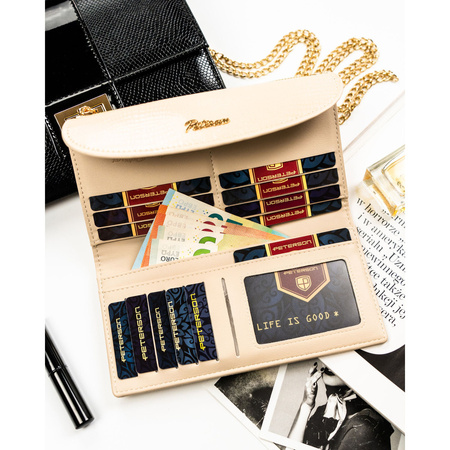 Horizontale, beige Damen-Geldbörse aus Öko-Leder mit Krokodil-Prägung – Peterson