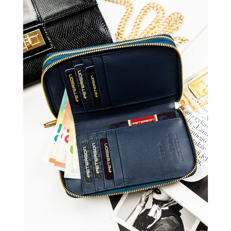 Dunkelblaue Damen-Geldbörse im Federmäppchen-Stil aus Öko-Leder mit Reißverschluss – Peterson