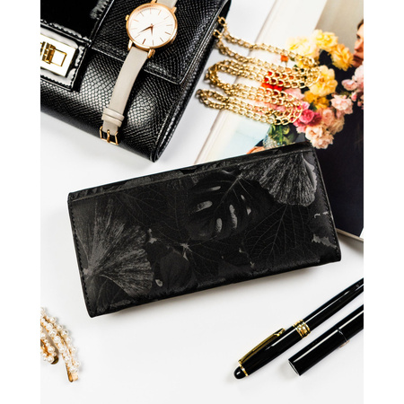 Große Damen-Geldbörse aus Natur- und Öko-Leder in Schwarz, mit Druckknopfverschluss – Peterson