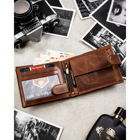 Braune Herren-Geldbörse aus Leder mit RFID-Schutz und Druckknopfverschluss - Peterson