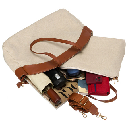 Große Damen Tasche aus Echtleder und Polyamidfaser in Beige-Braun – Peterson