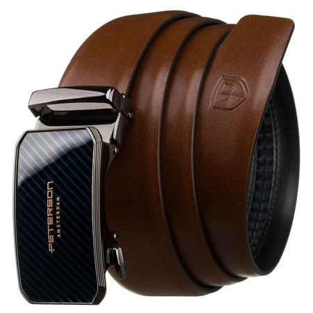 Herren-Gürtel aus Leder in Braun mit automatischer, silberner Schnalle – Peterson