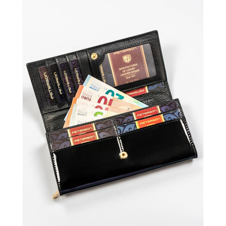 Lackierte Damen Geldbörse aus Leder in Schwarz mit Druckknopfverschluss – Peterson