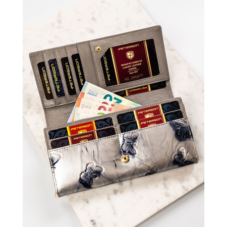 Geräumige Damen Geldbörse aus echtem Leder in Silber mit Druckknopf – Peterson