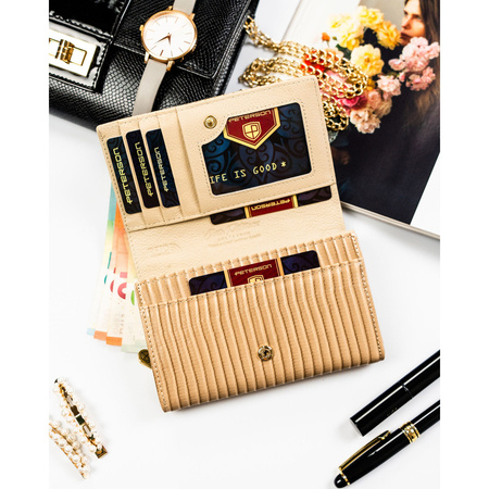 Damen-Geldbörse aus Natur- und Öko-Leder in Beige mit Flechtmuster – Peterson