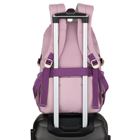 Weicher Schulrucksack aus Polyester in weiß-lila Farbe, aufgehängt an verstellbaren Trägern - Peterson