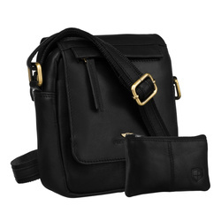 Schwarze Herren-Umhängetasche aus Leder mit Überschlag und Etui im Set – Peterson