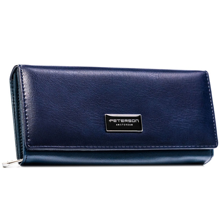 Blauer Damen-Geldbörse aus echtem und Öko-Leder mit Druckknopfverschluss - Peterson