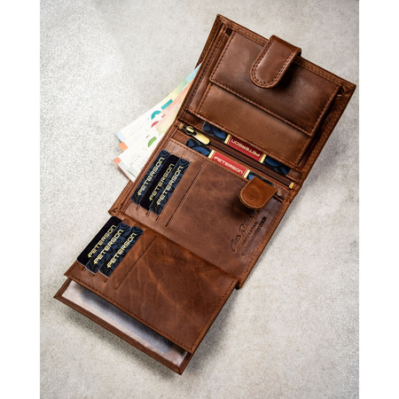 Herren-Geldbörse aus echtem Leder, braun, vertikal mit Druckverschluss - Peterson