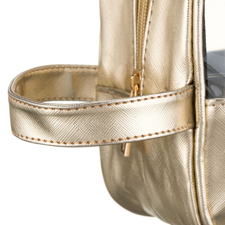 Goldene Kosmetiktasche aus synthetischem Gewebe, ausgestattet mit einem bequemen Griff und einem transparenten Fach – Peterson