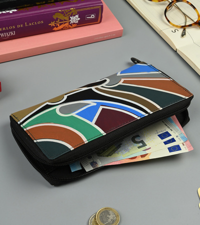 Portemonnaie Damen im Federmäppchen-Stil mit geprägter Struktur, Echtleder