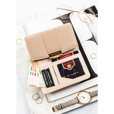 Beige Damen-Geldbörse aus Öko-Leder mit leicht gestreifter Struktur, mit Druckknopfverschluss - Peterson