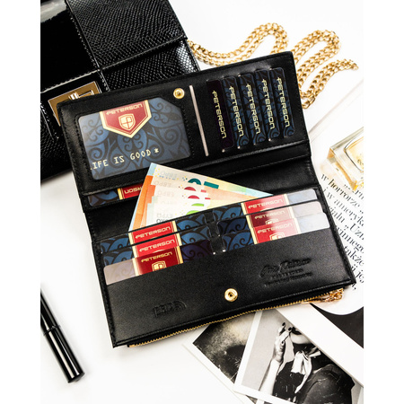 Große Damen-Geldbörse aus Öko-Leder in Schwarz mit Reißverschluss und Druckknopf – Peterson