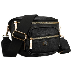 Schwarze Damen-Gürteltasche aus Öko-Leder mit Reißverschluss, getragen an einem verstellbaren Riemen – Peterson