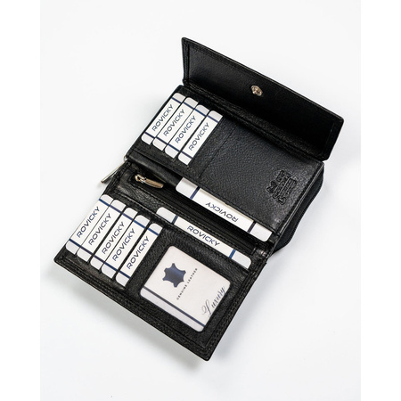 Modische schwarze Damen Geldbörse aus Leder mit Druckknopfverschluss – Rovicky