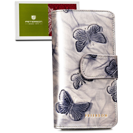 Große, vertikale Damen Geldbörse aus echtem Leder in Silber mit geprägten Schmetterlingen – Peterson