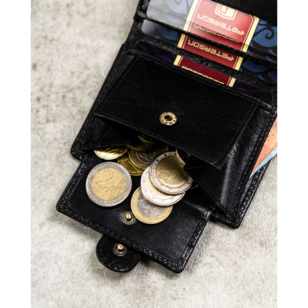 Herren-Geldbörse aus echtem Leder in Schwarz, Modell mit Druckknopfverschluss – Peterson