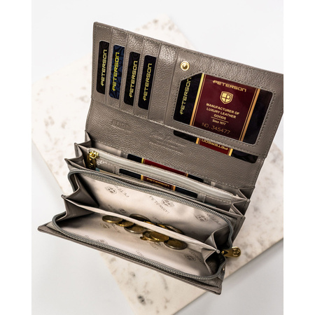 Geräumige Damen Geldbörse aus echtem Leder in Silber mit Druckknopf – Peterson