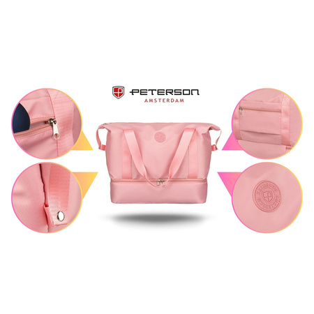 Rosafarbene Wochenendtasche aus strapazierfähigem Polyester, aufgehängt an bequemen Griffen - Peterson