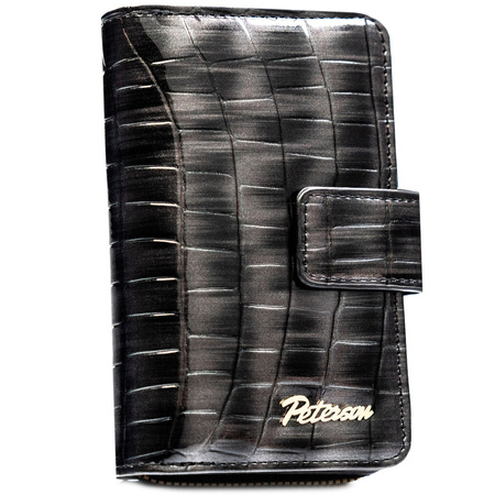 Graue Damen-Geldbörse aus Öko-Leder mit Krokodilhaut-Prägung, mit Druckknopf und Reißverschluss zu schließen - Peterson