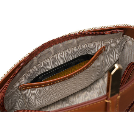 Beige-braune halbrunde Damen Umhängetasche aus Leder und Canvas – Peterson