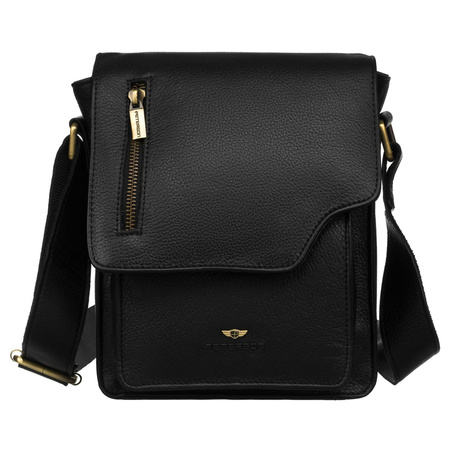 Schwarze Herren-Umhängetasche aus Leder mit Klappe, aufgehängt an einem verstellbaren Gürtel - Peterson