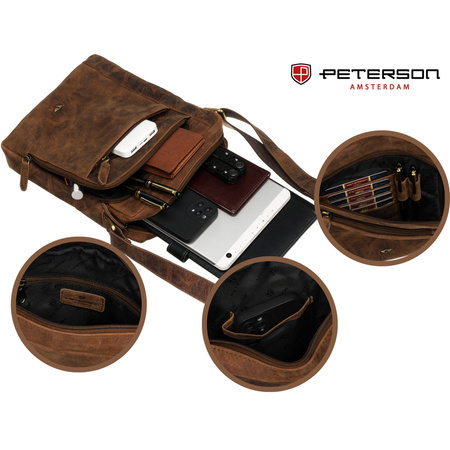 Herren-Umhängetasche aus Leder in Braun, aufgehängt an einem verstellbaren Gürtel – Peterson