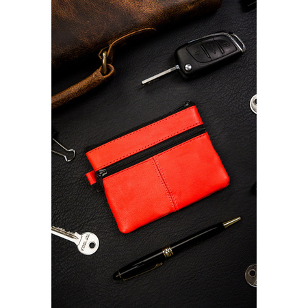 Orangefarbene Schlüsselbörse aus Leder mit Reißverschlusstaschen