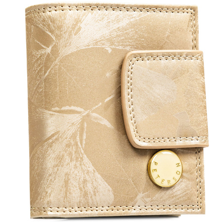 Kleine, beige Damen-Geldbörse, mit Bügelverschluss und Druckknopf geschlossen, mit Pflanzenmuster bedeckt – Peterson