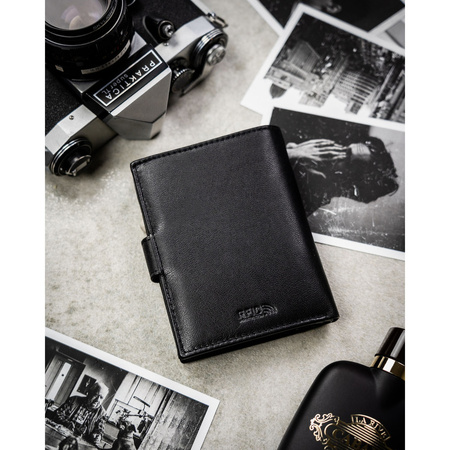 Geschenkset: vertikale Herren-Geldbörse aus Leder in Schwarz und schwarzer Gürtel aus Öko-Leder - Peterson