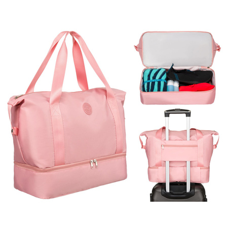 Rosafarbene Wochenendtasche aus strapazierfähigem Polyester, aufgehängt an bequemen Griffen - Peterson