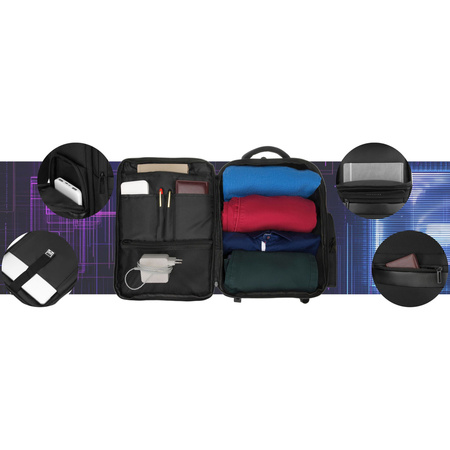 Reise-Rucksack aus Polyester in Schwarz, aufgehängt an verstellbaren Schultergurten – Peterson