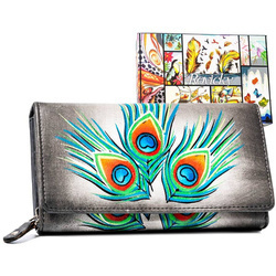 Geräumige Damen Geldbörse aus Leder mit Pfauenfeder-Muster – Rovicky