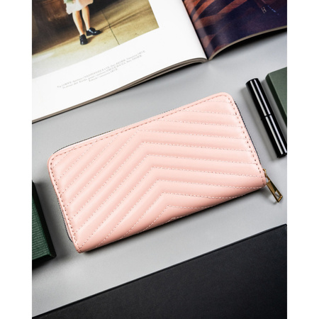 Rosa, große Damen-Geldbörse aus Öko-Leder im Fischgrätmuster mit Reißverschluss - 4U Cavaldi