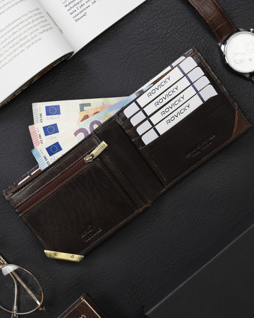 Herren Geldbörse Querformat mit goldenem Akzent aus Glattleder – Rovicky