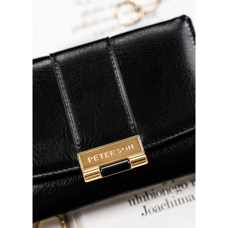 Damen-Geldbörse aus Öko-Leder, schwarz, querformatig, mit Druckknopfverschluss – Peterson