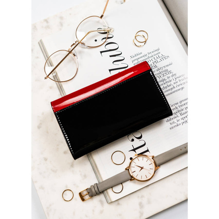 Moderne Damen Geldbörse aus echtem Leder in Rot-Schwarz mit Druckknopf und Bügelverschluss – Peterson