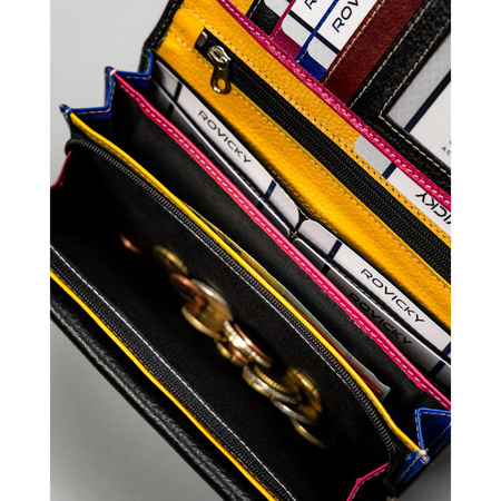 Große, schwarze Damen Geldbörse aus Leder mit Druckknopf – Rovicky