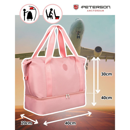 Rosafarbene Wochenendtasche aus strapazierfähigem Polyester, aufgehängt an bequemen Griffen - Peterson