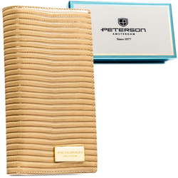 Beige Damen-Geldbörse aus Leder mit Magnet- und Reißverschluss, verziert mit einem Geflecht – Peterson