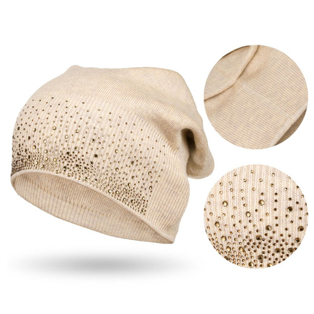Beanie Mütze mit Kristallen in Beige – Peterson