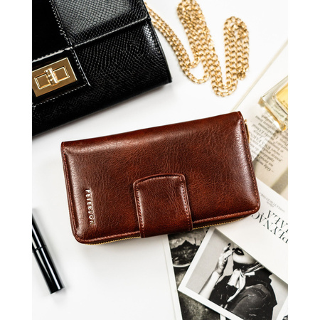 Dunkelbraune Damen Geldbörse aus Öko-Leder mit Druckknopf- und Reißverschluss – Peterson