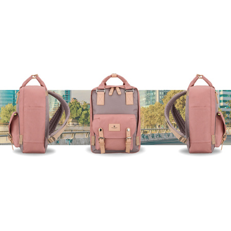 Rosa-grauer Damenrucksack aus Polyester und Öko-Leder, mit einem Fach - Peterson