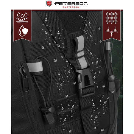 Sportlicher Militärrucksack in Schwarz, aufgehängt an verstellbaren Schultergurten - Peterson