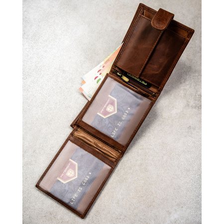 Braune Herren-Geldbörse aus Leder mit RFID-Schutz und Druckknopfverschluss - Peterson